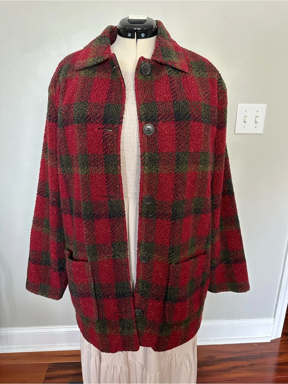 Eddie Bauer Red and Green Plaid Teddy Jacket